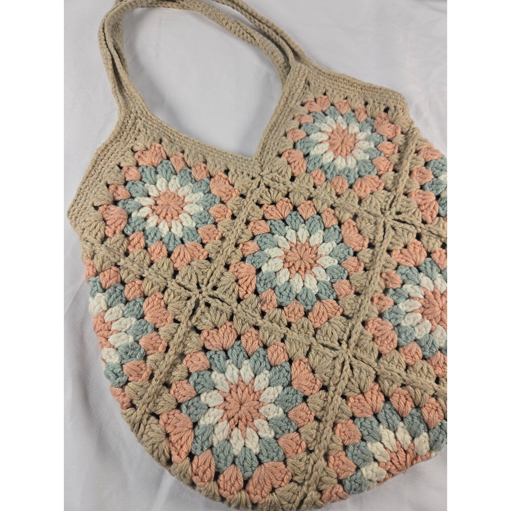 Crochet Granny Square Taupe Pink Tote Bag Boho Cottagecore Lined Shoulder Purse